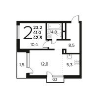 Планировка двухкомнатной(квартира) площадью 42.8 квадратных метров в “Новые Ватутинки. Заречный”