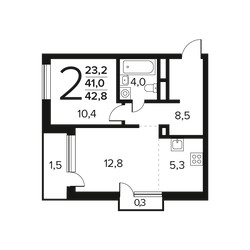 Планировка двухкомнатной(квартира) площадью 42.8 квадратных метров в ЖК “Новые Ватутинки. Заречный”