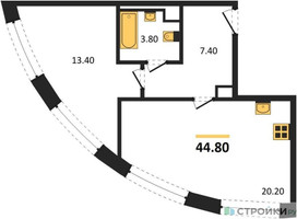 Планировка однокомнатной(квартира) площадью 44.8 квадратных метров в “ЖК Нагатино Ай-Лэнд”