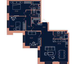 Планировка 4+ комнатной(квартира) площадью 105.3 квадратных метров в ЖК “Квартал Эра”