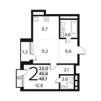Планировка двухкомнатной(квартира) площадью 48.1 квадратных метров в “Новые Ватутинки. Заречный”