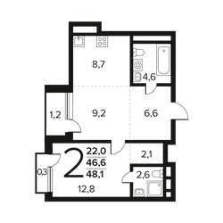 Планировка двухкомнатной(квартира) площадью 48.1 квадратных метров в ЖК “Новые Ватутинки. Заречный”