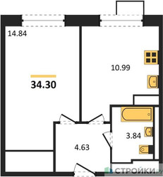 Планировка однокомнатной(квартира) площадью 34.3 квадратных метров в ЖК “ЖК Новое Внуково”