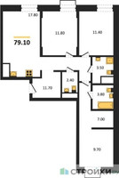 Планировка трехкомнатной(квартира) площадью 79.1 квадратных метров в “ЖК Резиденции Сколково”