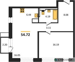 Планировка однокомнатной(квартира) площадью 54 квадратных метров в “ЖК Пригород Лесное”