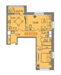 Планировка двухкомнатной(квартира) площадью 58.58 квадратных метров в ЖК “ЖК Планерный Квартал”
