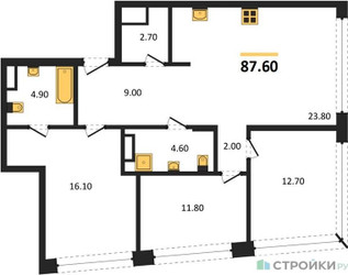 Планировка трехкомнатной(квартира) площадью 87.6 квадратных метров в ЖК “ЖК Остров”