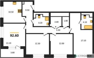 Планировка 4+ комнатной(квартира) площадью 92.6 квадратных метров в “Жилые кварталы Белый Град”