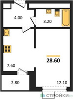 Планировка однокомнатной(квартира) площадью 28.6 квадратных метров в “ЖК 1-й Южный (Первый Южный)”