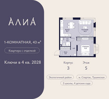 Планировка однокомнатной(квартира) площадью 43 квадратных метров в “ЖК АЛИА”