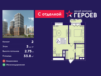 Планировка двухкомнатной(квартира) площадью 33.8 квадратных метров в ЖК “ЖК Героев”
