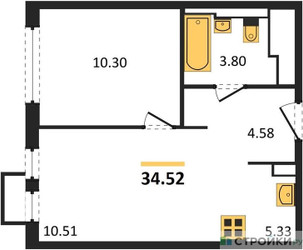 Планировка однокомнатной(квартира) площадью 34.52 квадратных метров в ЖК “ЖК Остафьево”