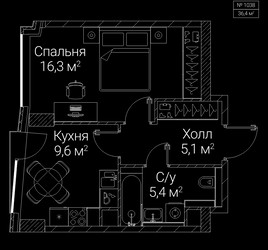 Планировка однокомнатной(квартира) площадью 36.4 квадратных метров в ЖК “ЖК СЕЗАР БУДУЩЕЕ”