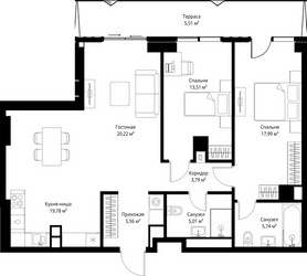 Планировка двухкомнатной(квартира) площадью 97.11 квадратных метров в ЖК “ЖК Джойс”