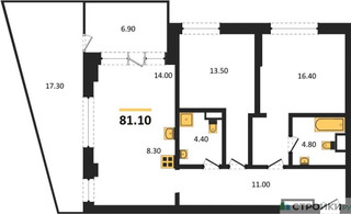 Планировка двухкомнатной(квартира) площадью 81.1 квадратных метров в “ЖК VERY на Миклухо-Маклая (Вери на Миклухо-Маклая)”