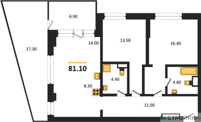 Планировка двухкомнатной(квартира) площадью 81.1 квадратных метров в ЖК “ЖК VERY на Миклухо-Маклая (Вери на Миклухо-Маклая)”