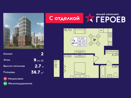 Планировка двухкомнатной(квартира) площадью 36.7 квадратных метров в “ЖК Героев”