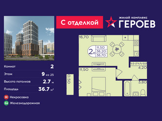 Планировка двухкомнатной(квартира) площадью 36.7 квадратных метров в ЖК “ЖК Героев”