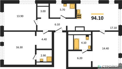Планировка трехкомнатной(квартира) площадью 94.1 квадратных метров в ЖК “ЖК Символ”
