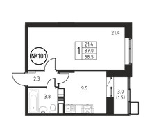 Планировка однокомнатной(квартира) площадью 38.5 квадратных метров в “ЖК Космос”