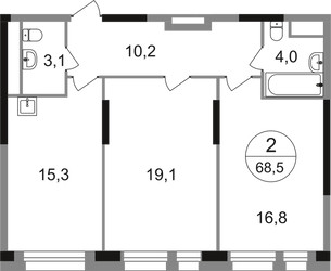 Планировка двухкомнатной(квартира) площадью 68.5 квадратных метров в ЖК “ЖК Первый Московский”