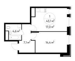 Планировка однокомнатной(квартира) площадью 43.1 квадратных метров в “ЖК Первый Московский”