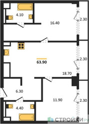 Планировка двухкомнатной(квартира) площадью 63.9 квадратных метров в ЖК “ЖК СТОУН Грэйн”