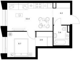 Планировка однокомнатной(квартира) площадью 34.6 квадратных метров в “ЖК Зеленый парк”