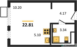 Планировка студии(квартира) площадью 22.81 квадратных метров в “ЖК Пригород Лесное”