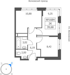 Планировка двухкомнатной(апартаменты) площадью 39.68 квадратных метров в ЖК “ЖК Волковская 67”