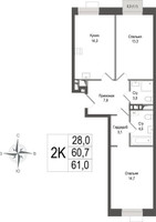 Планировка двухкомнатной(квартира) площадью 60.7 квадратных метров в “ЖК КИНОКВАРТАЛ”