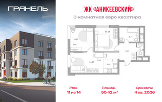 Планировка трехкомнатной(квартира) площадью 50.42 квадратных метров в “ЖК Аникеевский”