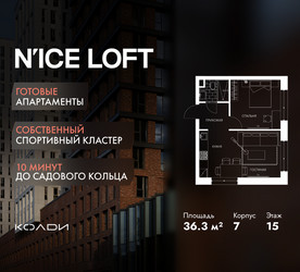 Планировка однокомнатной(апартаменты) площадью 36.3 квадратных метров в ЖК “ЖК N’ICE LOFT (Найс Лофт)”