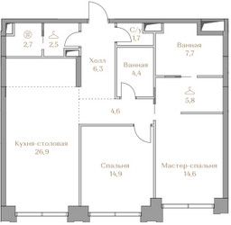 Планировка двухкомнатной(квартира) площадью 92.1 квадратных метров в ЖК “ЖК Коллекция Лужники”