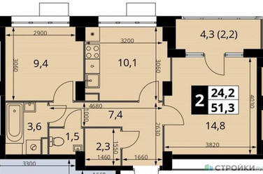 Планировка двухкомнатной(квартира) площадью 51.3 квадратных метров в ЖК “ЖК ЮЖНАЯ БИТЦА”