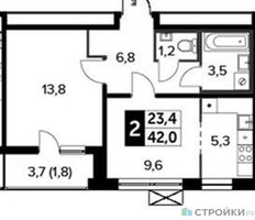 Планировка двухкомнатной(квартира) площадью 42 квадратных метров в “ЖК 1-й Ленинградский (Первый Ленинградский)”