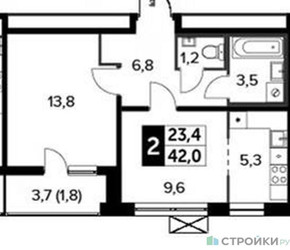 Планировка двухкомнатной(квартира) площадью 42 квадратных метров в ЖК “ЖК 1-й Ленинградский (Первый Ленинградский)”