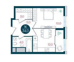 Планировка однокомнатной(квартира) площадью 34 квадратных метров в “ЖК РУСИЧ-Кантемировский”