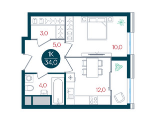 Планировка однокомнатной(квартира) площадью 34 квадратных метров в ЖК “ЖК РУСИЧ-Кантемировский”