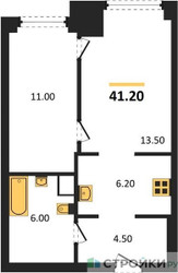 Планировка однокомнатной(квартира) площадью 41.2 квадратных метров в ЖК “ЖК Мираполис”