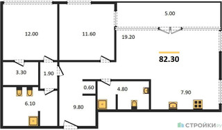 Планировка двухкомнатной(квартира) площадью 82.3 квадратных метров в “ЖК SHIFT (Шифт)”