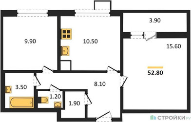 Планировка двухкомнатной(квартира) площадью 52.8 квадратных метров в ЖК “ЖК 1-й Ленинградский (Первый Ленинградский)”