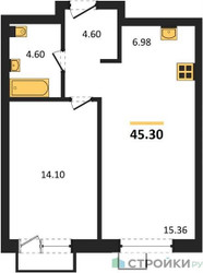 Планировка однокомнатной(квартира) площадью 45.3 квадратных метров в ЖК “ЖК UNO Соколиная гора”