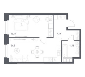Планировка однокомнатной(апартаменты) площадью 48.42 квадратных метров в ЖК “ЖК Апарт-отель Тропарево парк”