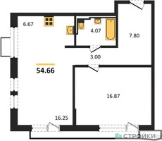Планировка однокомнатной(квартира) площадью 54.66 квадратных метров в “ЖК Квартал Авиаторов”