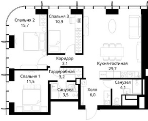 Планировка трехкомнатной(квартира) площадью 87.7 квадратных метров в ЖК “ЖК Сити Бэй”