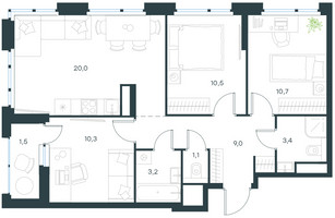 Планировка трехкомнатной(квартира) площадью 69.7 квадратных метров в “ЖК Level Лесной”