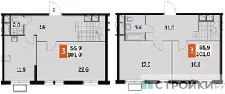 Планировка трехкомнатной(квартира) площадью 101 квадратных метров в “ЖК Римский”