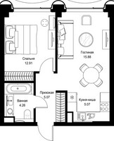 Планировка однокомнатной(квартира) площадью 43.19 квадратных метров в “Дом премиум-класса МИРА”