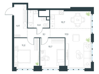 Планировка трехкомнатной(квартира) площадью 63.5 квадратных метров в ЖК “ЖК Левел Южнопортовая”